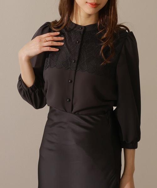 Lace Ladies(レースレディース)の「バンドカラー レース レイヤード 7分袖 フレア ブラウス(シャツ/ブラウス・レディース・アイボリー/ネイビー/ブラック/チャコールグレー・FREE/S)」の1枚目の写真