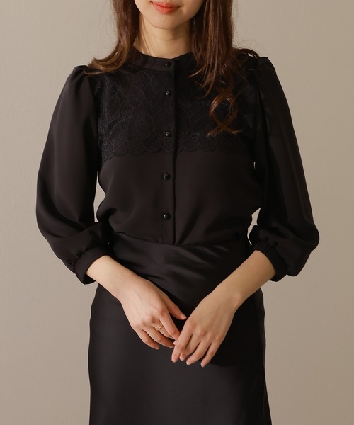 Lace Ladies(レースレディース)の「バンドカラー レース レイヤード 7分袖 フレア ブラウス(シャツ/ブラウス・レディース・アイボリー/ネイビー/ブラック/チャコールグレー・FREE/S)」の7枚目の写真