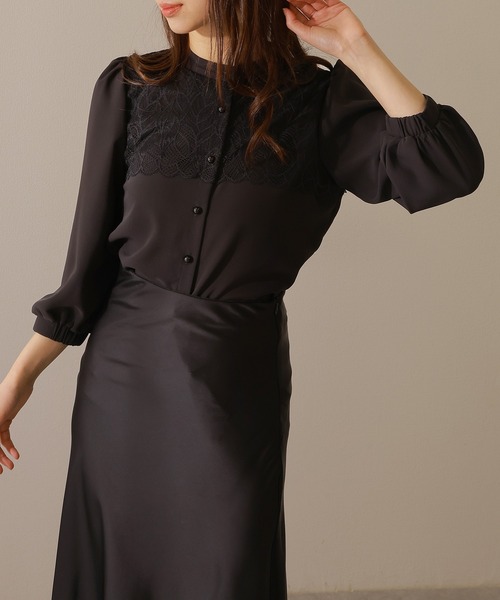 Lace Ladies(レースレディース)の「バンドカラー レース レイヤード 7分袖 フレア ブラウス(シャツ/ブラウス・レディース・アイボリー/ネイビー/ブラック/チャコールグレー・FREE/S)」の8枚目の写真