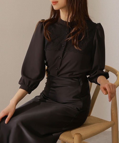 Lace Ladies(レースレディース)の「バンドカラー レース レイヤード 7分袖 フレア ブラウス(シャツ/ブラウス・レディース・アイボリー/ネイビー/ブラック/チャコールグレー・FREE/S)」の9枚目の写真
