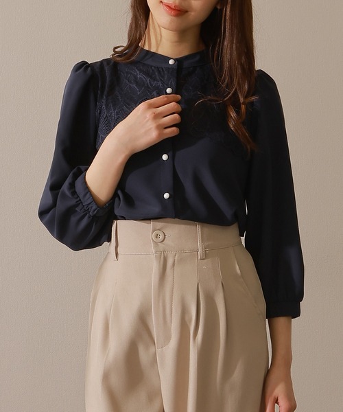 Lace Ladies(レースレディース)の「バンドカラー レース レイヤード 7分袖 フレア ブラウス(シャツ/ブラウス・レディース・アイボリー/ネイビー/ブラック/チャコールグレー・FREE/S)」の10枚目の写真