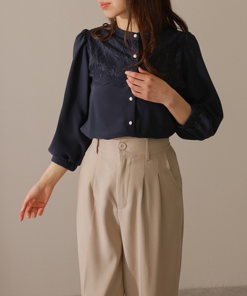 Lace Ladies(レースレディース)の「バンドカラー レース レイヤード 7分袖 フレア ブラウス(シャツ/ブラウス・レディース・アイボリー/ネイビー/ブラック/チャコールグレー・FREE/S)」の12枚目の写真