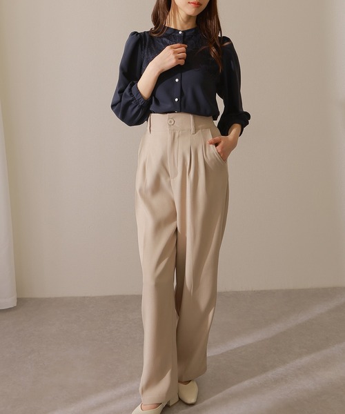 Lace Ladies(レースレディース)の「バンドカラー レース レイヤード 7分袖 フレア ブラウス(シャツ/ブラウス・レディース・アイボリー/ネイビー/ブラック/チャコールグレー・FREE/S)」の13枚目の写真