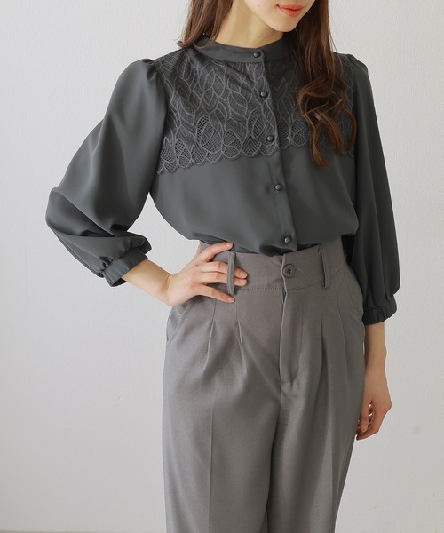 Lace Ladies(レースレディース)の「バンドカラー レース レイヤード 7分袖 フレア ブラウス(シャツ/ブラウス・レディース・アイボリー/ネイビー/ブラック/チャコールグレー・FREE/S)」の16枚目の写真