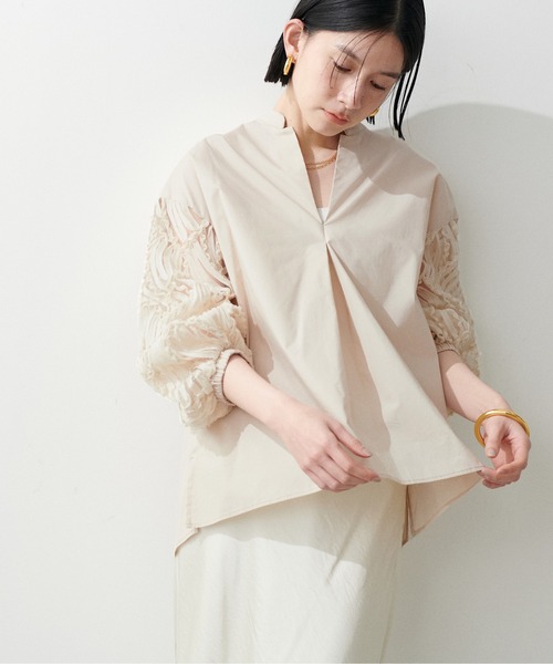 袖レーススキッパーシャツ　アイボリー　LARUTA セール】【LARUTA】袖レーススキッパーブラウス（シャツ