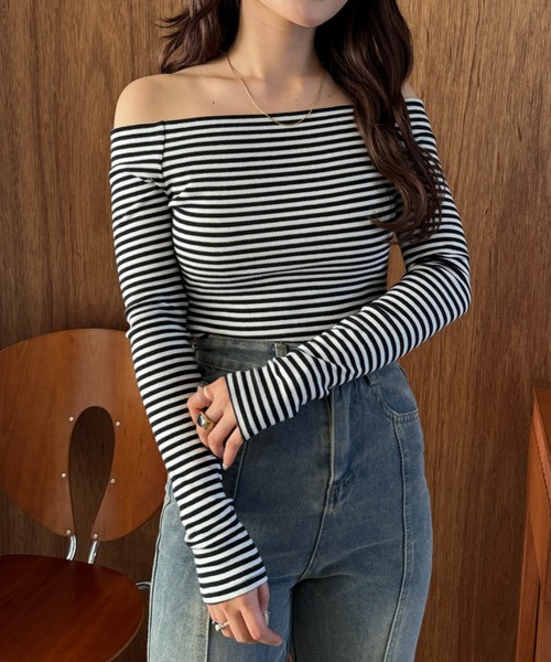 efill(エフィル)の「オフショル ストライプ 長袖 tシャツ(Tシャツ/カットソー・レディース・ブラック/グレー・FREE)」の15枚目の写真