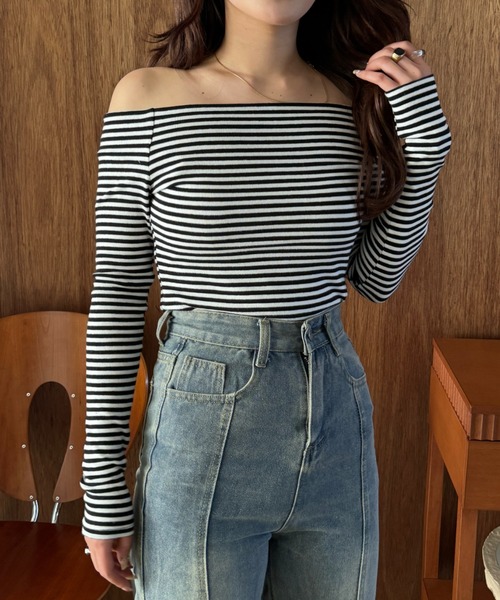 efill(エフィル)の「オフショル ストライプ 長袖 tシャツ(Tシャツ/カットソー・レディース・ブラック/グレー・FREE)」の16枚目の写真