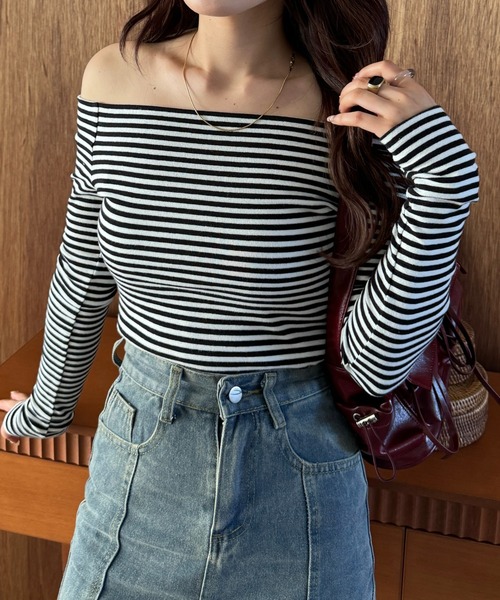 efill(エフィル)の「オフショル ストライプ 長袖 tシャツ(Tシャツ/カットソー・レディース・ブラック/グレー・FREE)」の19枚目の写真