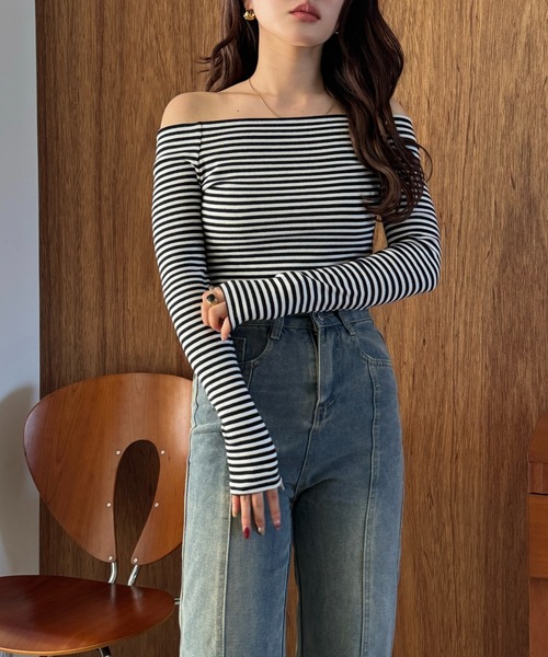 efill(エフィル)の「オフショル ストライプ 長袖 tシャツ(Tシャツ/カットソー・レディース・ブラック/グレー・FREE)」の17枚目の写真