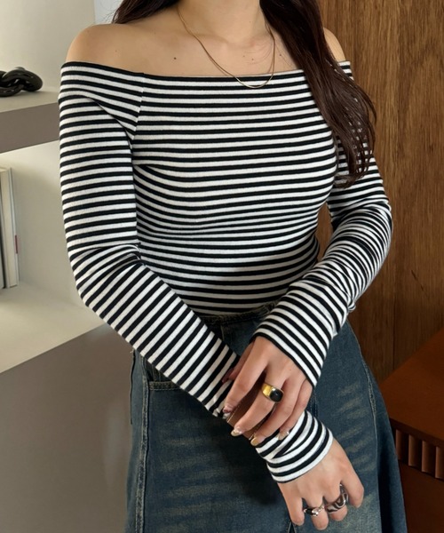 efill(エフィル)の「オフショル ストライプ 長袖 tシャツ(Tシャツ/カットソー・レディース・ブラック/グレー・FREE)」の5枚目の写真