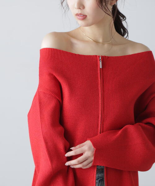 FREE'S MART（フリーズマート）の「［MFM］オフショルジップラメカーディガン（ニット/セーター・レディース・グレー/ホワイト/レッド/ピンク/ライトグリーン・FREE）」の5枚目の写真