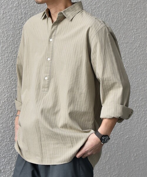 SHIPS any（シップス エニィ）の「SHIPS any:〈洗濯機可能〉コットン/リネン 7分袖  ストライプ スキッパー プルオーバー シャツ◇（シャツ/ブラウス・メンズ・ネイビー/オリーブ/ベージュ/ホワイト・X-LARGE/LARGE/MEDIUM/SMALL）」の3枚目の写真