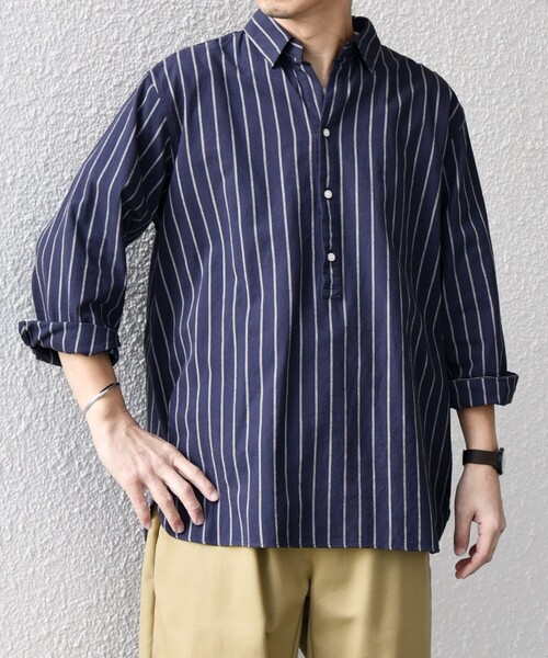 SHIPS any（シップス エニィ）の「SHIPS any:〈洗濯機可能〉コットン/リネン 7分袖  ストライプ スキッパー プルオーバー シャツ◇（シャツ/ブラウス・メンズ・ネイビー/オリーブ/ベージュ/ホワイト・X-LARGE/LARGE/MEDIUM/SMALL）」の4枚目の写真