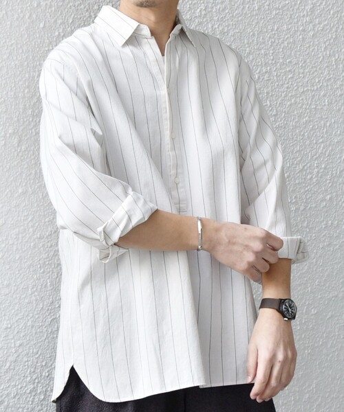 SHIPS any（シップス エニィ）の「SHIPS any:〈洗濯機可能〉コットン/リネン 7分袖  ストライプ スキッパー プルオーバー シャツ◇（シャツ/ブラウス・メンズ・ネイビー/オリーブ/ベージュ/ホワイト・X-LARGE/LARGE/MEDIUM/SMALL）」の2枚目の写真