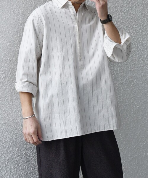 SHIPS any（シップス エニィ）の「SHIPS any:〈洗濯機可能〉コットン/リネン 7分袖  ストライプ スキッパー プルオーバー シャツ◇（シャツ/ブラウス・メンズ・ネイビー/オリーブ/ベージュ/ホワイト・X-LARGE/LARGE/MEDIUM/SMALL）」の10枚目の写真