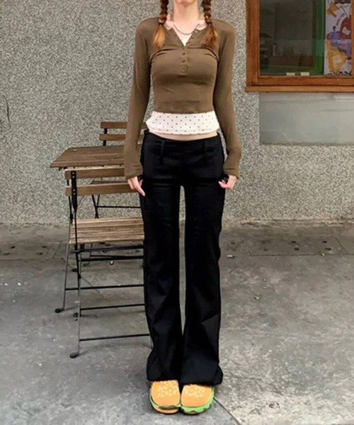 MEMECLE（メメクル）の「【 MEMECLE / メメクル 】レイヤード風 ドットスリムカットソー（Tシャツ/カットソー・レディース・ブラック/ブラウン・L/M/S）」の4枚目の写真