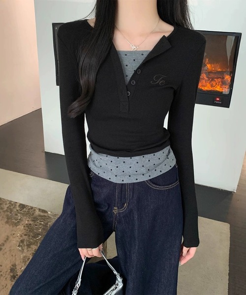 MEMECLE（メメクル）の「【 MEMECLE / メメクル 】レイヤード風 ドットスリムカットソー（Tシャツ/カットソー・レディース・ブラック/ブラウン・L/M/S）」の10枚目の写真