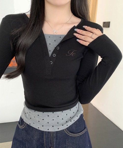 MEMECLE（メメクル）の「【 MEMECLE / メメクル 】レイヤード風 ドットスリムカットソー（Tシャツ/カットソー・レディース・ブラック/ブラウン・L/M/S）」の11枚目の写真