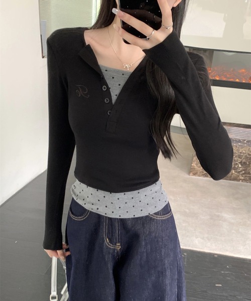 MEMECLE（メメクル）の「【 MEMECLE / メメクル 】レイヤード風 ドットスリムカットソー（Tシャツ/カットソー・レディース・ブラック/ブラウン・L/M/S）」の12枚目の写真