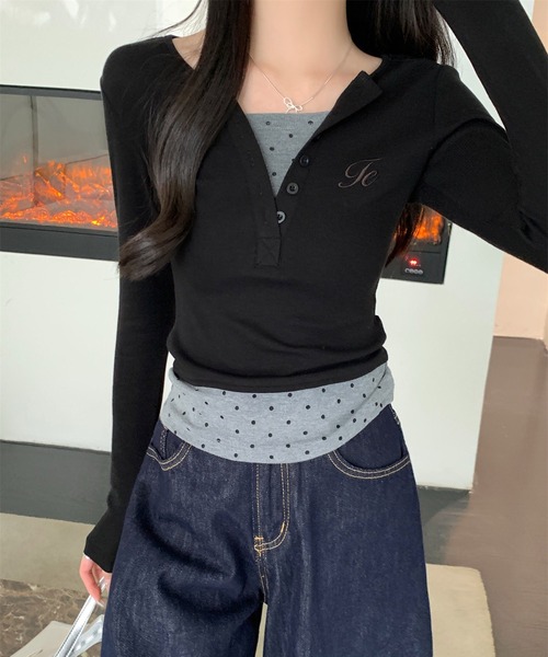 MEMECLE（メメクル）の「【 MEMECLE / メメクル 】レイヤード風 ドットスリムカットソー（Tシャツ/カットソー・レディース・ブラック/ブラウン・L/M/S）」の13枚目の写真