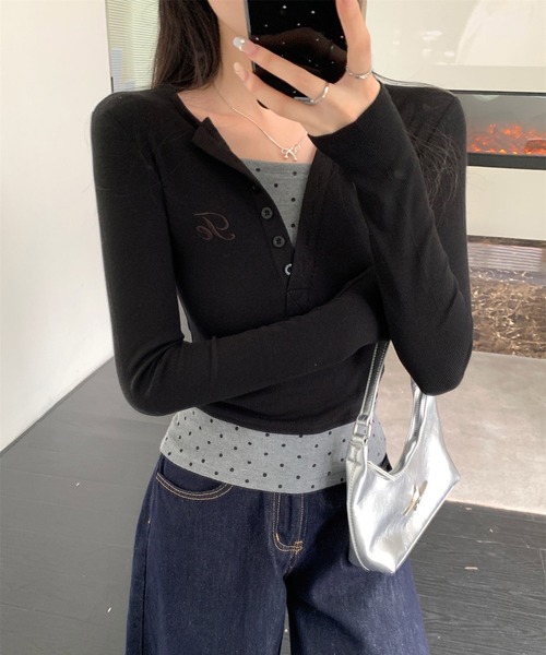 MEMECLE（メメクル）の「【 MEMECLE / メメクル 】レイヤード風 ドットスリムカットソー（Tシャツ/カットソー・レディース・ブラック/ブラウン・L/M/S）」の14枚目の写真