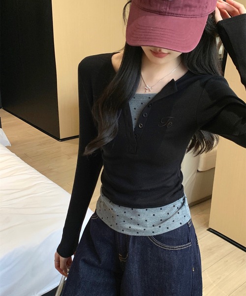 MEMECLE（メメクル）の「【 MEMECLE / メメクル 】レイヤード風 ドットスリムカットソー（Tシャツ/カットソー・レディース・ブラック/ブラウン・L/M/S）」の7枚目の写真