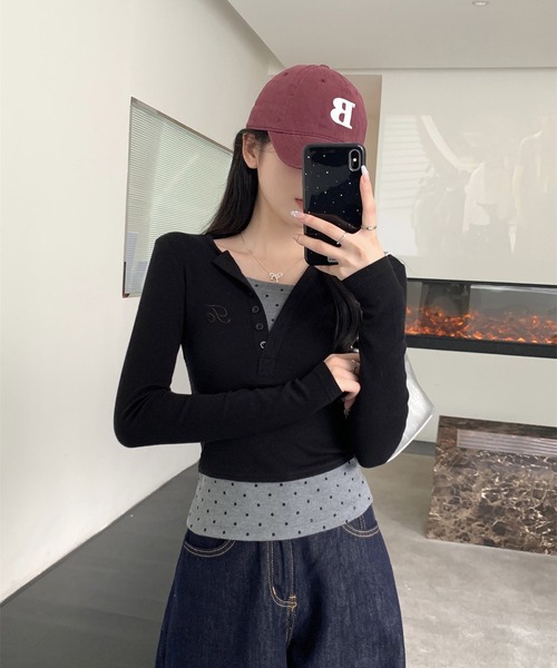 MEMECLE（メメクル）の「【 MEMECLE / メメクル 】レイヤード風 ドットスリムカットソー（Tシャツ/カットソー・レディース・ブラック/ブラウン・L/M/S）」の16枚目の写真