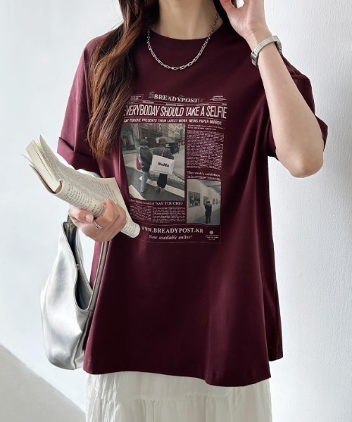 COCOMOMO(ココモモ)の「【6色展開】 プリントTシャツ オーバーサイズ 綿100 コットンTシャツ(Tシャツ/カットソー・レディース・ブラック/ワイン/ダークグレー/ベージュ/ホワイト/ダークブラウン・FREE)」の6枚目の写真