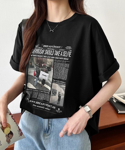 COCOMOMO（ココモモ）の「【6色展開】 プリントTシャツ オーバーサイズ 綿100 コットンTシャツ（Tシャツ/カットソー・レディース・ブラック/ワイン/ダークグレー/ベージュ/ホワイト/ダークブラウン・FREE）」の3枚目の写真