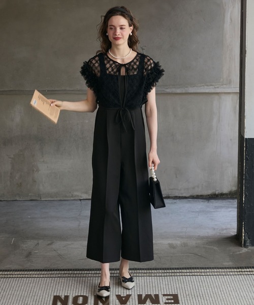 BONLECILL noir】2wayダブルリボン ボリュームフリルチュールブラウス