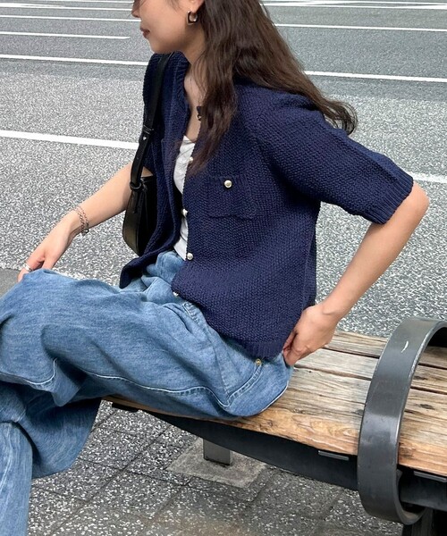 fredy emue（フレディエミュ）の「テープヤーン半袖ニットジャケット（カーディガン/ボレロ・レディース・ライトグレー/ネイビー/オフホワイト/ミント・38）」の4枚目の写真