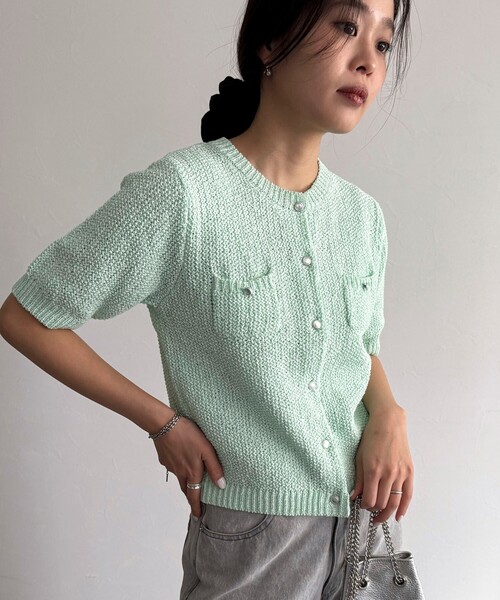 fredy emue（フレディエミュ）の「テープヤーン半袖ニットジャケット（カーディガン/ボレロ・レディース・ライトグレー/ネイビー/オフホワイト/ミント・38）」の3枚目の写真