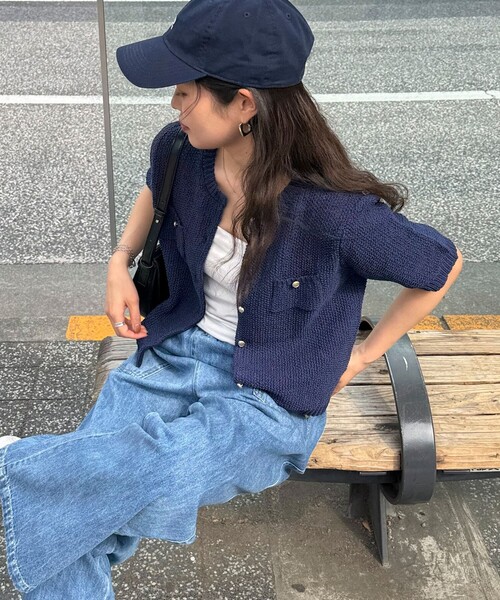 カーディガン テープヤーン半袖ニットジャケット レディース fredy emue カーディガン テープヤーン半袖ニットジャケット