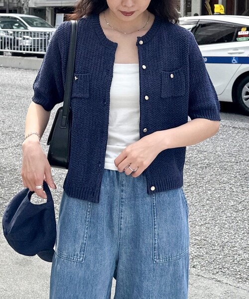 fredy emue（フレディエミュ）の「テープヤーン半袖ニットジャケット（カーディガン/ボレロ・レディース・ライトグレー/ネイビー/オフホワイト/ミント・38）」の11枚目の写真