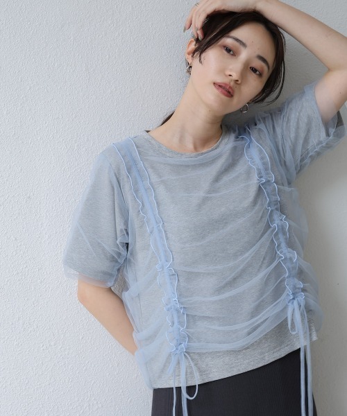 値下げ！【新品未使用】mediamコットンチュールギャザートップス セール】チュールギャザーTシャツ（Tシャツ/カットソー）｜Bab