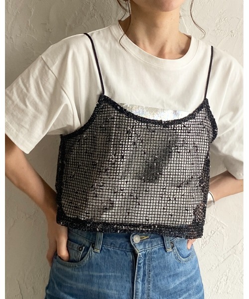 She's Closet(シーズクローゼット)の「ショート丈 透かし編み ニットビスチェ ネップ メッシュキャミソール(ベスト・レディース・ブラック/アイボリー/ベージュ/オレンジ・FREE)」の11枚目の写真