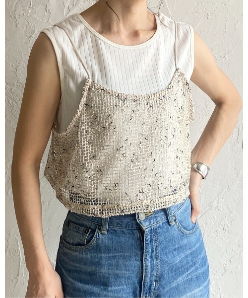 She's Closet(シーズクローゼット)の「ショート丈 透かし編み ニットビスチェ ネップ メッシュキャミソール(ベスト・レディース・ブラック/アイボリー/ベージュ/オレンジ・FREE)」の9枚目の写真