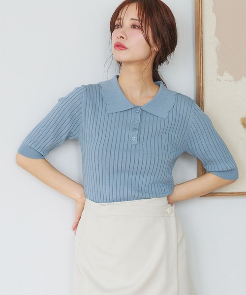 mysty woman（ミスティウーマン）の「スカシアミニットポロ　498409（ポロシャツ・レディース・グレイッシュブルー/ブラック/ブラウン・FREE）」の3枚目の写真