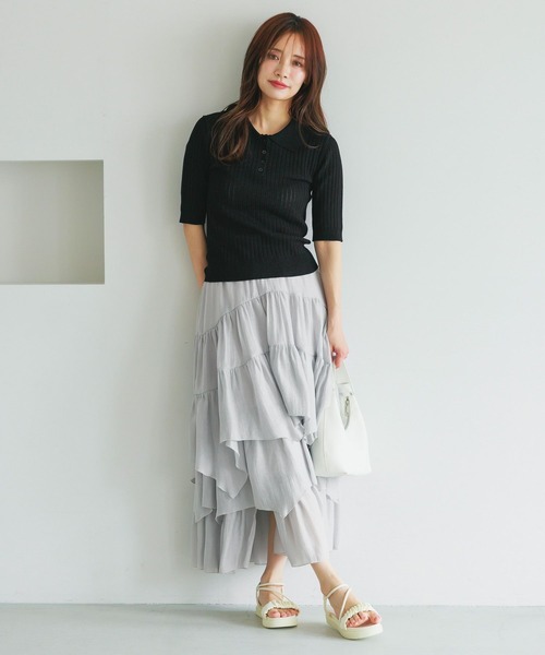 mysty woman（ミスティウーマン）の「スカシアミニットポロ　498409（ポロシャツ・レディース・グレイッシュブルー/ブラック/ブラウン・FREE）」の6枚目の写真