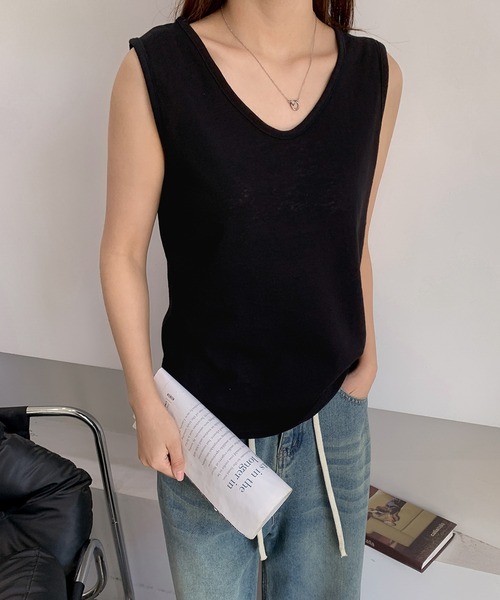 LOWO（ロワ）の「綿混ノースリーブカットソー（Tシャツ/カットソー・レディース・ホワイト/ブラック/ベージュ/グレー・FREE）」の3枚目の写真