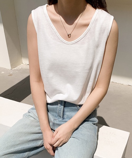 LOWO（ロワ）の「綿混ノースリーブカットソー（Tシャツ/カットソー・レディース・ホワイト/ブラック/ベージュ/グレー・FREE）」の15枚目の写真