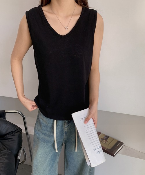 LOWO（ロワ）の「綿混ノースリーブカットソー（Tシャツ/カットソー・レディース・ホワイト/ブラック/ベージュ/グレー・FREE）」の13枚目の写真