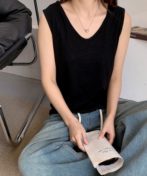 LOWO（ロワ）の「綿混ノースリーブカットソー（Tシャツ/カットソー・レディース・ホワイト/ブラック/ベージュ/グレー・FREE）」の12枚目の写真