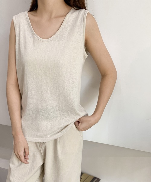 LOWO（ロワ）の「綿混ノースリーブカットソー（Tシャツ/カットソー・レディース・ホワイト/ブラック/ベージュ/グレー・FREE）」の6枚目の写真
