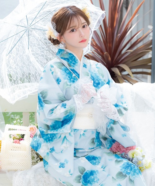 セール】浴衣セット レディース ペールブルー 水彩 紫陽花 菖蒲