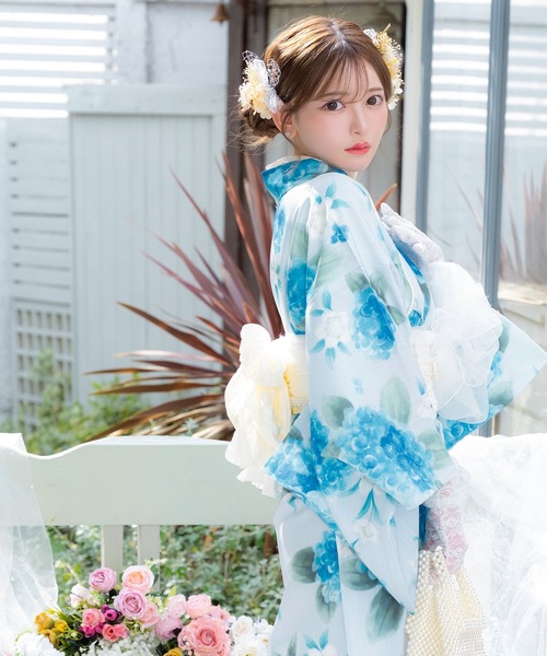 下駄なし  浴衣ジェンヌ 浴衣4点セット アイスブルー 紫陽花 菖蒲 下駄なし 浴衣ジェンヌ 浴衣4点セット アイスブルー 紫陽花 菖蒲