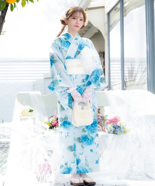 下駄なし  浴衣ジェンヌ 浴衣4点セット アイスブルー 紫陽花 菖蒲 下駄なし 浴衣ジェンヌ 浴衣4点セット アイスブルー 紫陽花 菖蒲
