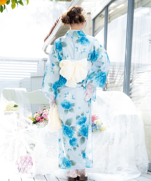 【可愛い浴衣♡】水色 涼しげ 浴衣 可愛い 花飾り付き　6点セット セール】浴衣セット レディース ペールブルー 水彩 紫陽花 菖蒲
