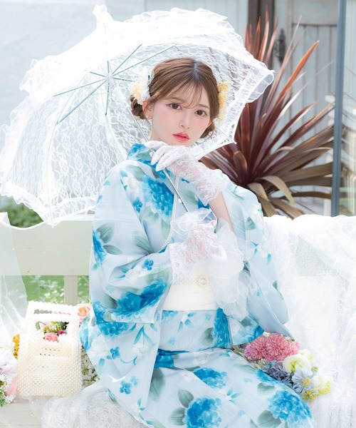 浴衣リメイク　寛斎紫陽花　セットアップ セール】浴衣セット レディース ペールブルー 水彩 紫陽花 菖蒲