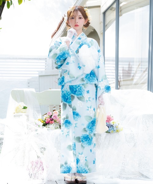 浴衣 セット 水色 紫陽花 帯 レディース 新品 4点 浴衣 セット 浴衣セット レディース 水色 紫陽花 4Y-13